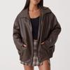 Women Spring and Autumn  PU Leather Jacket Loose Zipper Long Sleeve Jacket Coat Solid Color Fashion Motorcycle Jacket