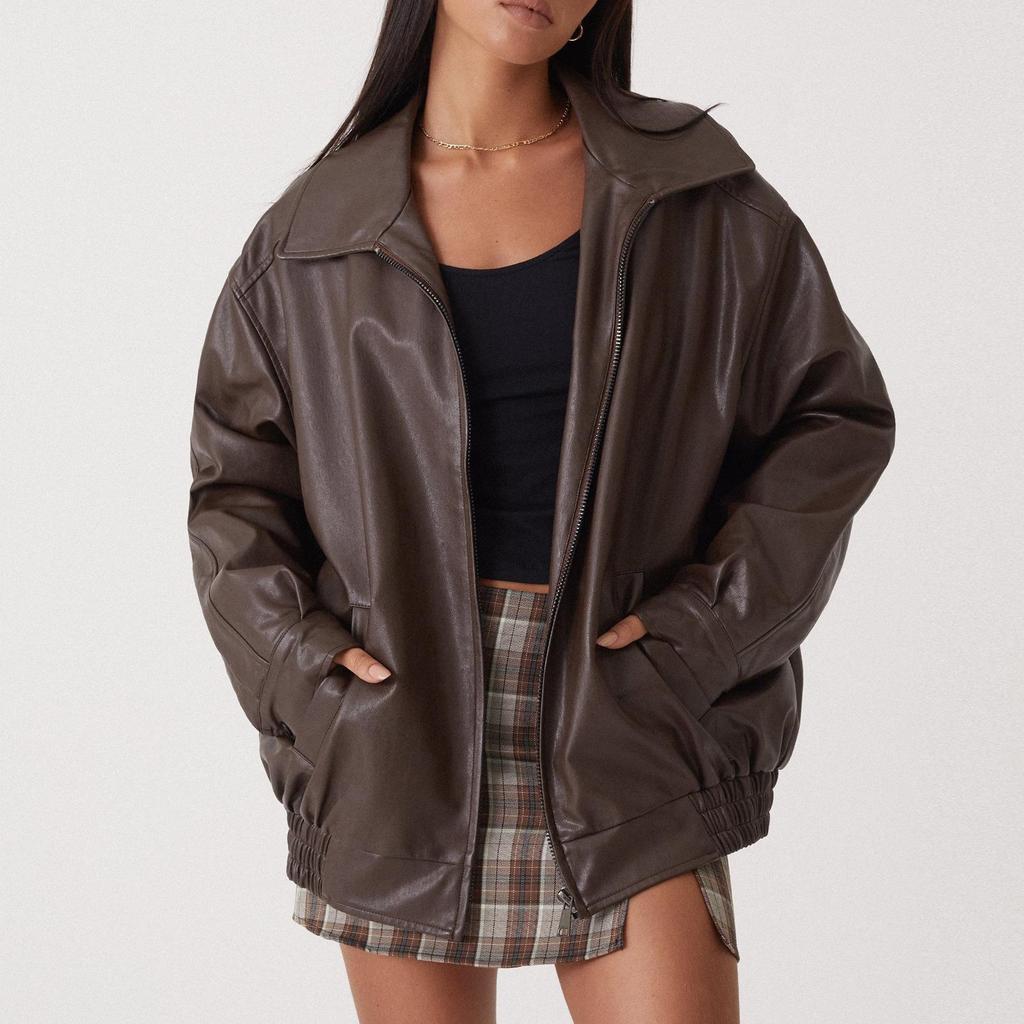 Women Spring and Autumn  PU Leather Jacket Loose Zipper Long Sleeve Jacket Coat Solid Color Fashion Motorcycle Jacket