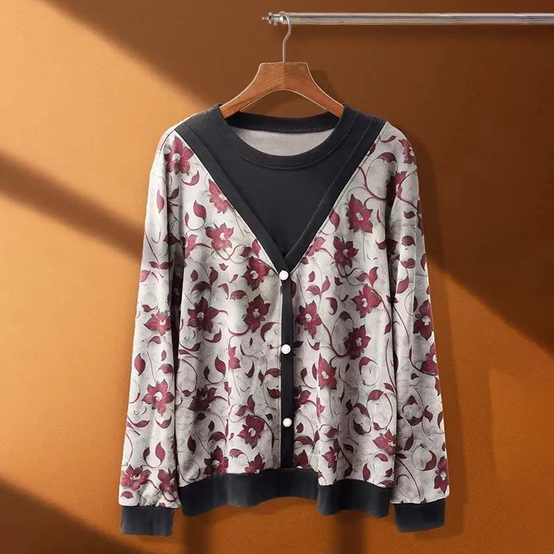 Sweatshirt for Women Cotton Oversize Fake Two Pieces Loose Round Neck Casual Pullover Long Sleeve Top Sweatshirt