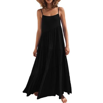 Summer Loose Solid Color Pleated Irregular Dress Beach Suspender Long Skirt