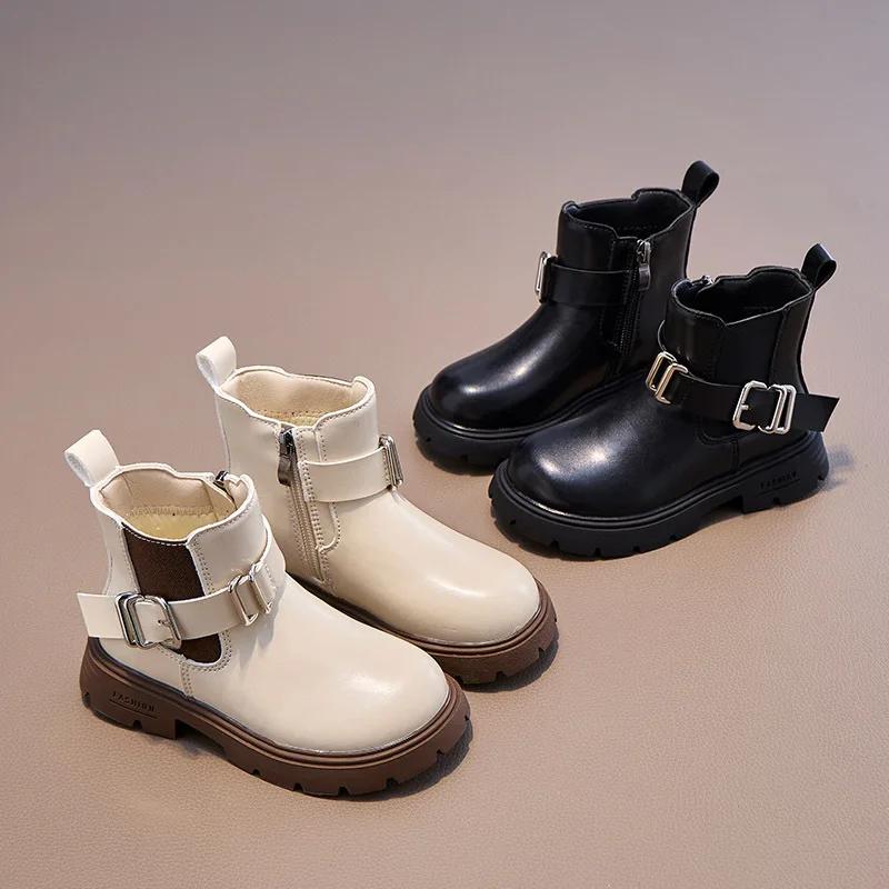 2024 Dětské kožené boty pro dívky Podzim Zima Nová móda Britský styl Měkká podrážka Protiskluzové Všestranné Kotníkové boty