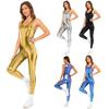 Combinaison-pantalon sans manches irisée métallique pour femme, col rond, fermeture éclair cachée au dos, Leggings Bodysuit Combinaison de Danse