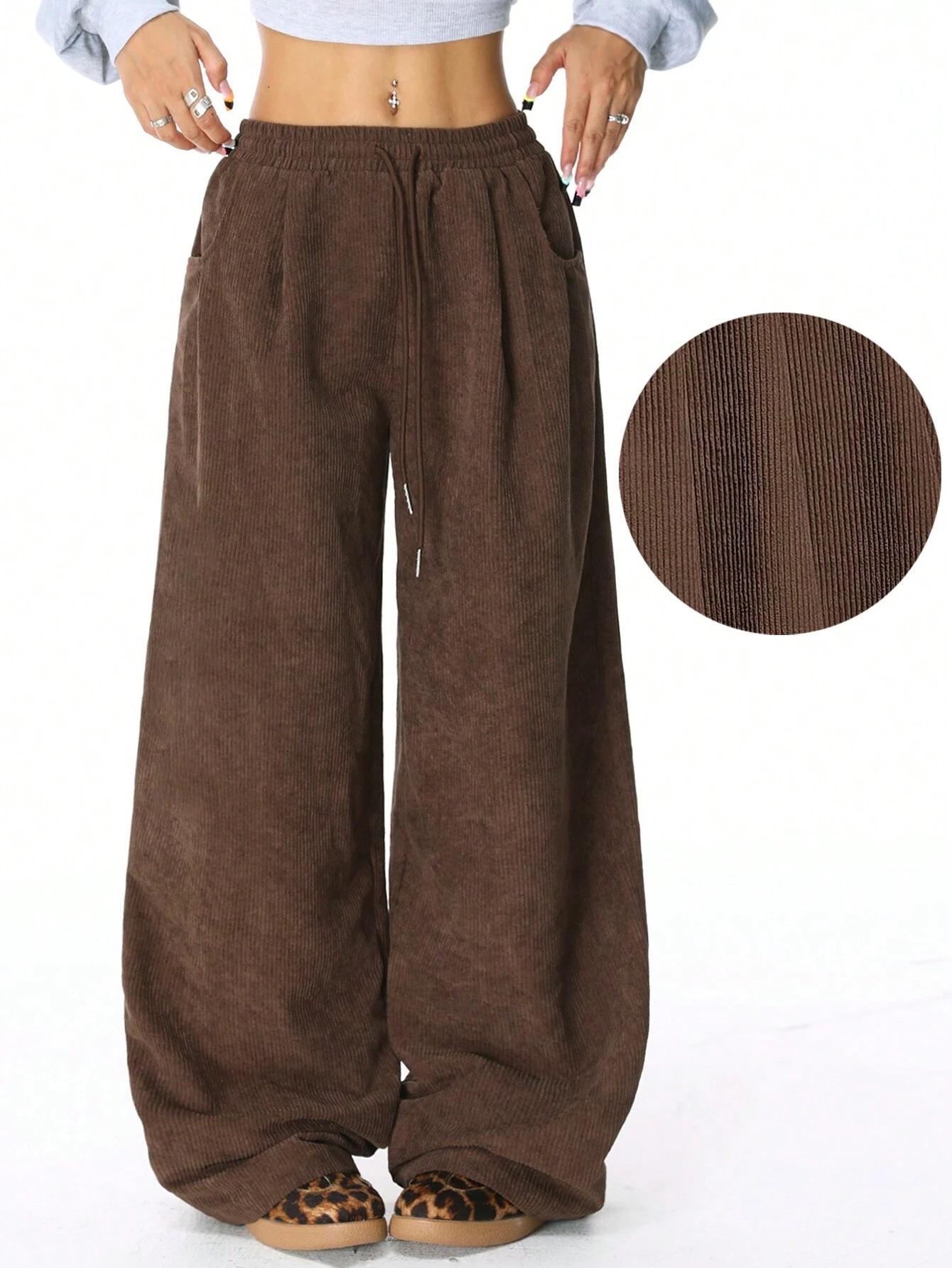 

2026 Women s Corduroy High-Waisted Wide-Leg Pants - Autumn/Winter Casual Versatile Drape Drawstring Style S кофейный