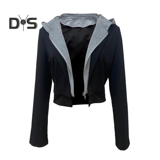 

Женское пальто с капюшоном и длинным рукавом, имитация двухкомпонентной короткой куртки, американский стиль, застежка-молния, верхняя одежда, повседневная одежда S чёрный