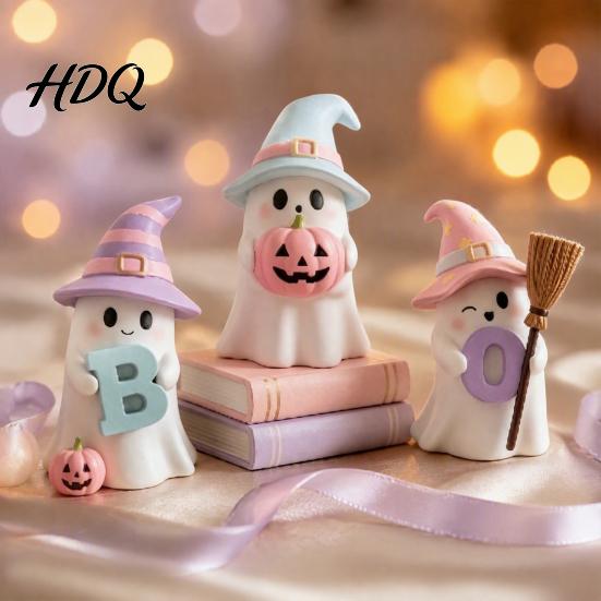 Cool Halloween Decor 3Pcs Pink Ghost Figurines, Cute Spooky Resin Desk with Pumpkin Boo Letter Ornaments BOO Letter, Sweet Tabletop Ornament for Fall