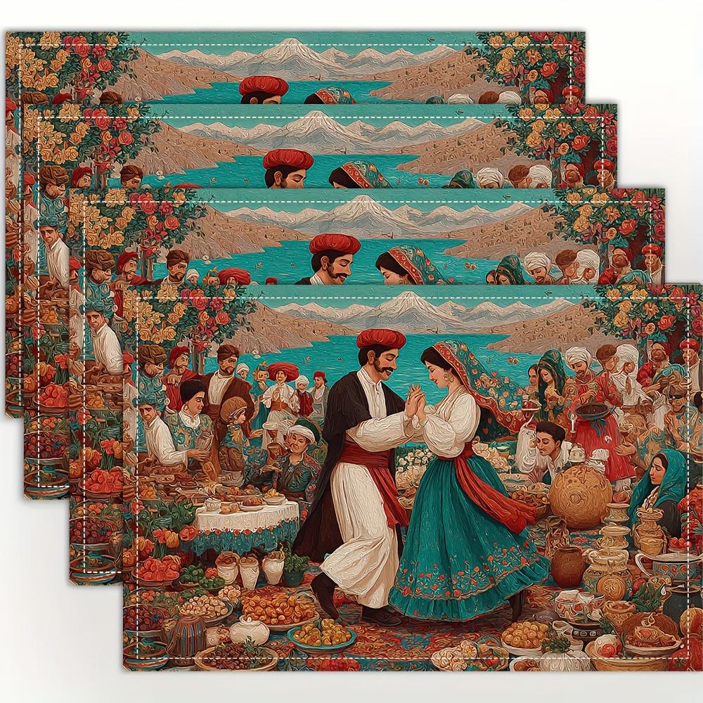

Middle Eastern Wedding Placemats Linen Cultural Dining Decor Persian Style Table Mats Ethnic Art Home Party Kitchen Accessories 4Pcs-30X45cm(12X18in