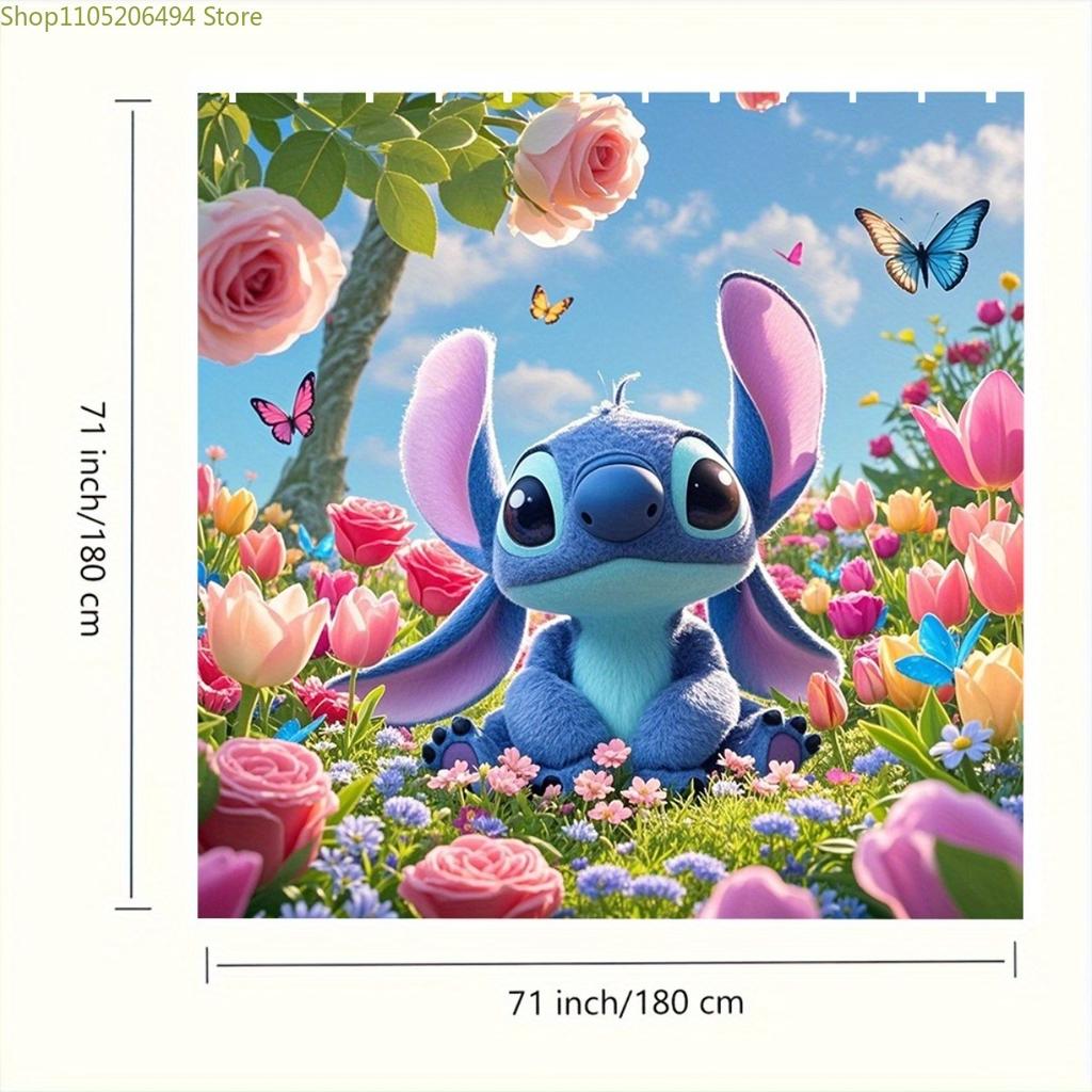 Stitch Cartoon Shower Curtain, Adorable Garden Scenery Design with Butterfly Patterns, Romantic Bathroom Decor in Vibrant Colo