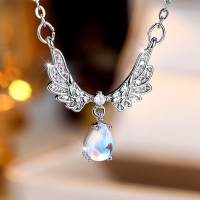 Modny kolor srebrny błyszcząca cyrkonia skrzydła anioła kropla wody wisiorek naszyjniki dla kobiet biżuteria ślubna prezenty