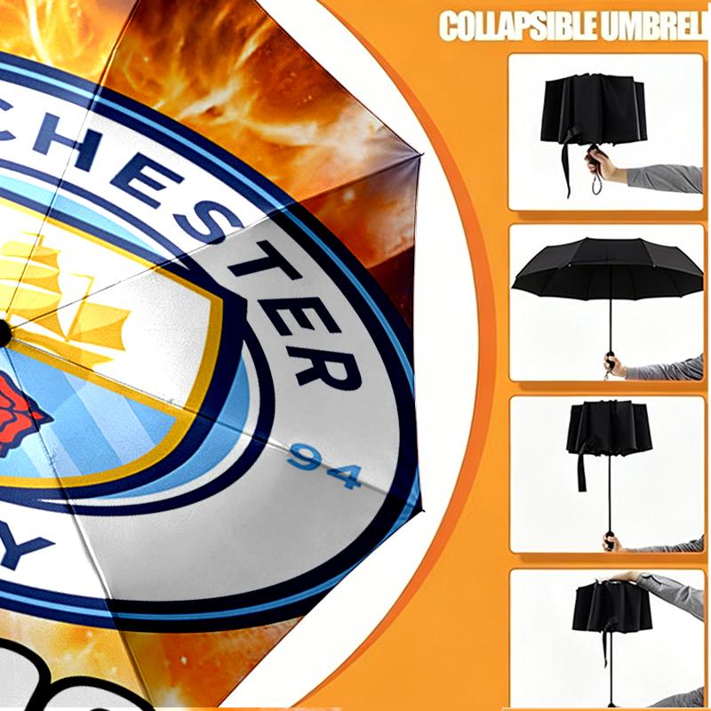 Custom Name Personalized Manchester City FC Print Umbrella, Auto Open Close, 8‑Rib Sturdy Frame, Commute Camping Hiking Use, Birthday Gift