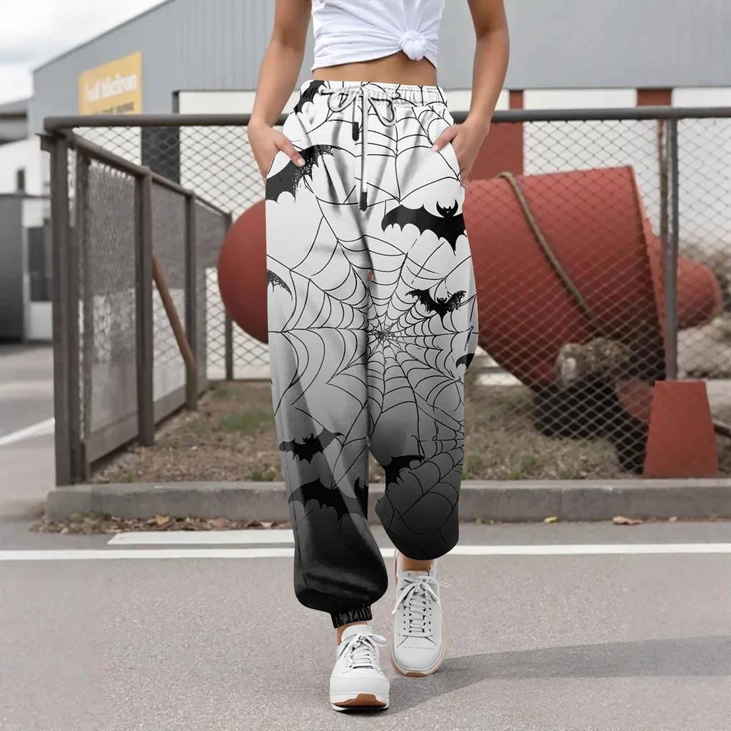 Pantalon de survêtement décontracté à imprimé Halloween pour femme, pantalon de loisirs, taille élastique avec cordon de serrage, pantalon à cordon de serrage