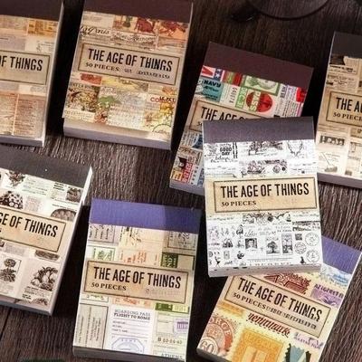 50 Pcs Vintage Washi Paper Stickers Set Old Times Newspaper Stamp Plants Decorative Sticker for Diy Journal Diary Scrapbook