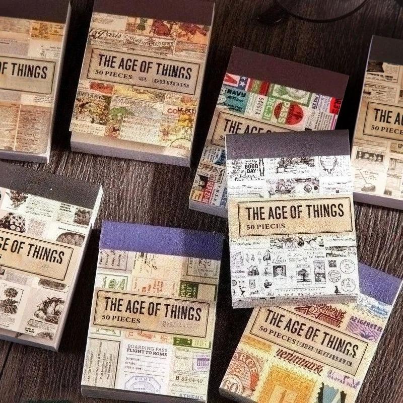 50 Pcs Vintage Washi Paper Stickers Set Old Times Newspaper Stamp Plants Decorative Sticker for Diy Journal Diary Scrapbook