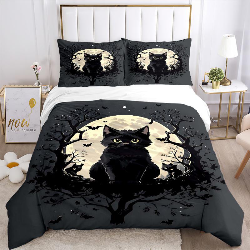 3pcs Moon and Black Cat Creative Design Printed Quilt Set - Soft and Comfortable Quilt Cover for Bedroom, Guest Room and Dormitory Decorativ