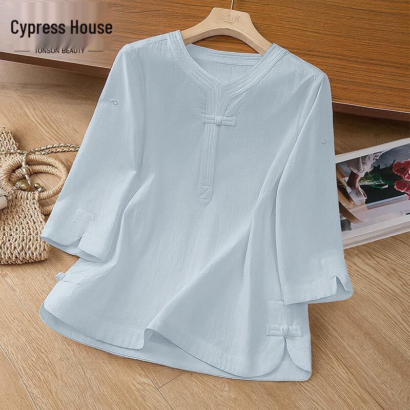 Sibaishang Women s Retro Frog Button Seven-Sleeve T-Shirt