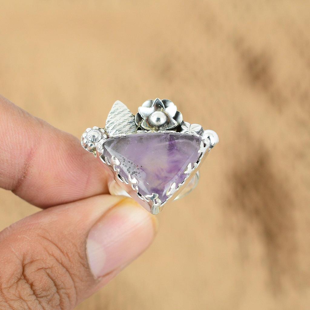 Gift For Her 925 Silver Natural Star Amethyst Multi Stone Flower Adjustable Ring