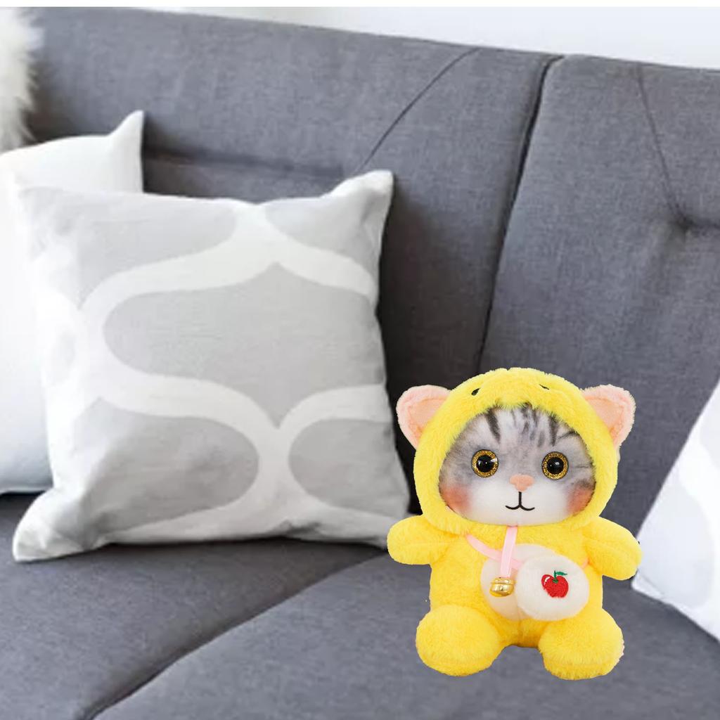 Cat Plush Toy Lovely Bell Soft Colorful Fuzzy Stuffed Cat Plush Toy for Children Birthday Yellow