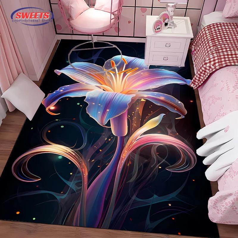 Beautiful Lily Flower Large Carpet for Home Living Room Children's Bedroom, Sofa Doormat Kitchen Floor Rug, Anti-slip Decor Mat