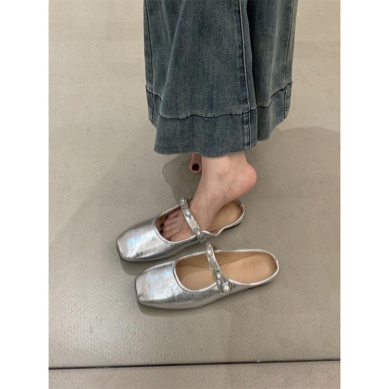 Baotou half slippers women's 2025 summer new outer sandals silver French one-word inner height increase heel light mouth single shoes
