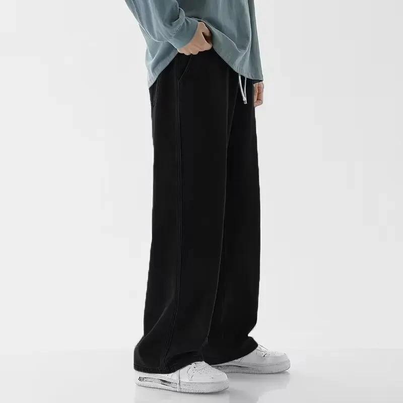 Jeans a Gamba Larga da Uomo Colore Unito Tasche con Coulisse Gamba Dritta Larghi alla Moda Sportivi Casual Pantaloni