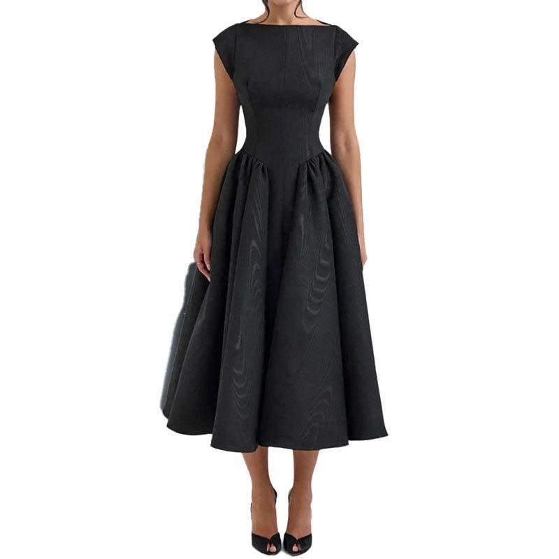 European and American women's clothing, new spring models, elegant solid color sleeveless round neck waist swing dress