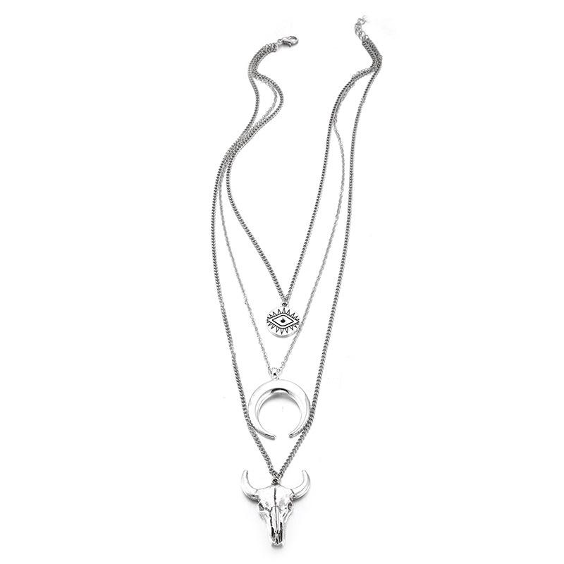 Stylish Simple Alloy Bull's Head Geometric Disc Eye Horn Multi-layer Necklace
