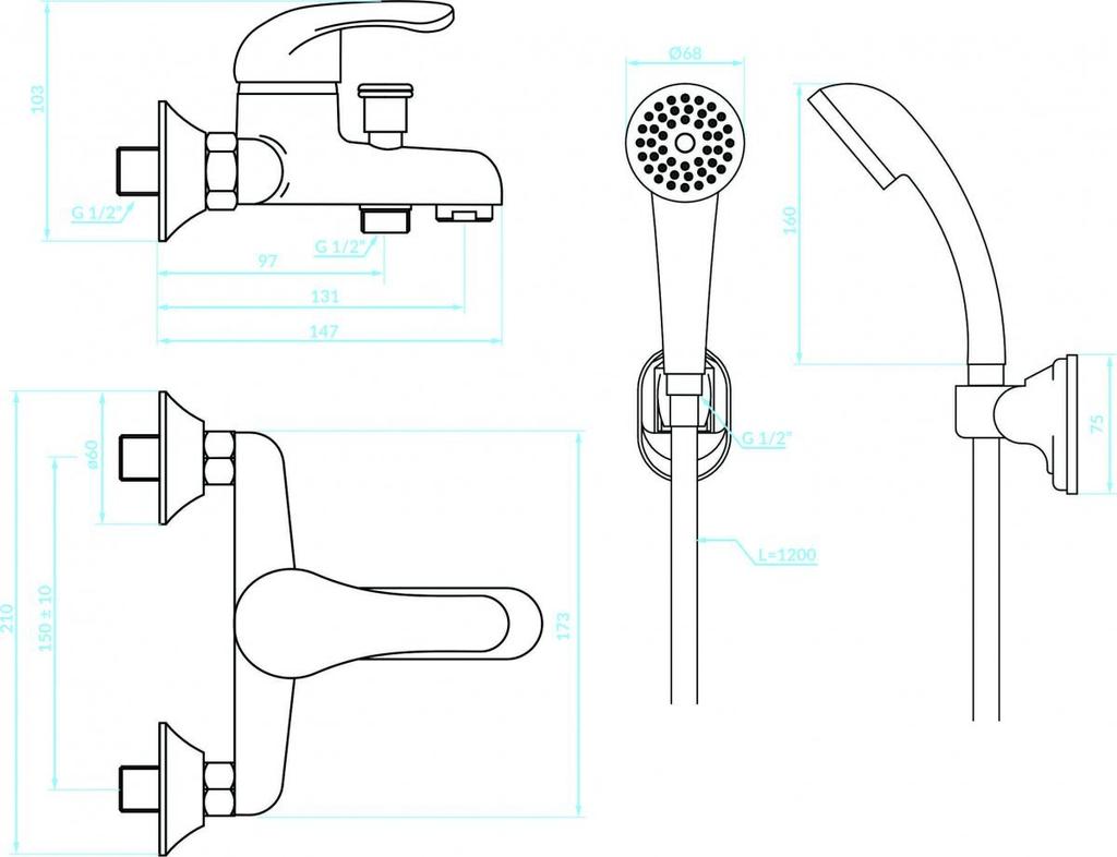 Kuchinox Pedro Wall-mounted Bathtub Faucet with Chrome Shower Set