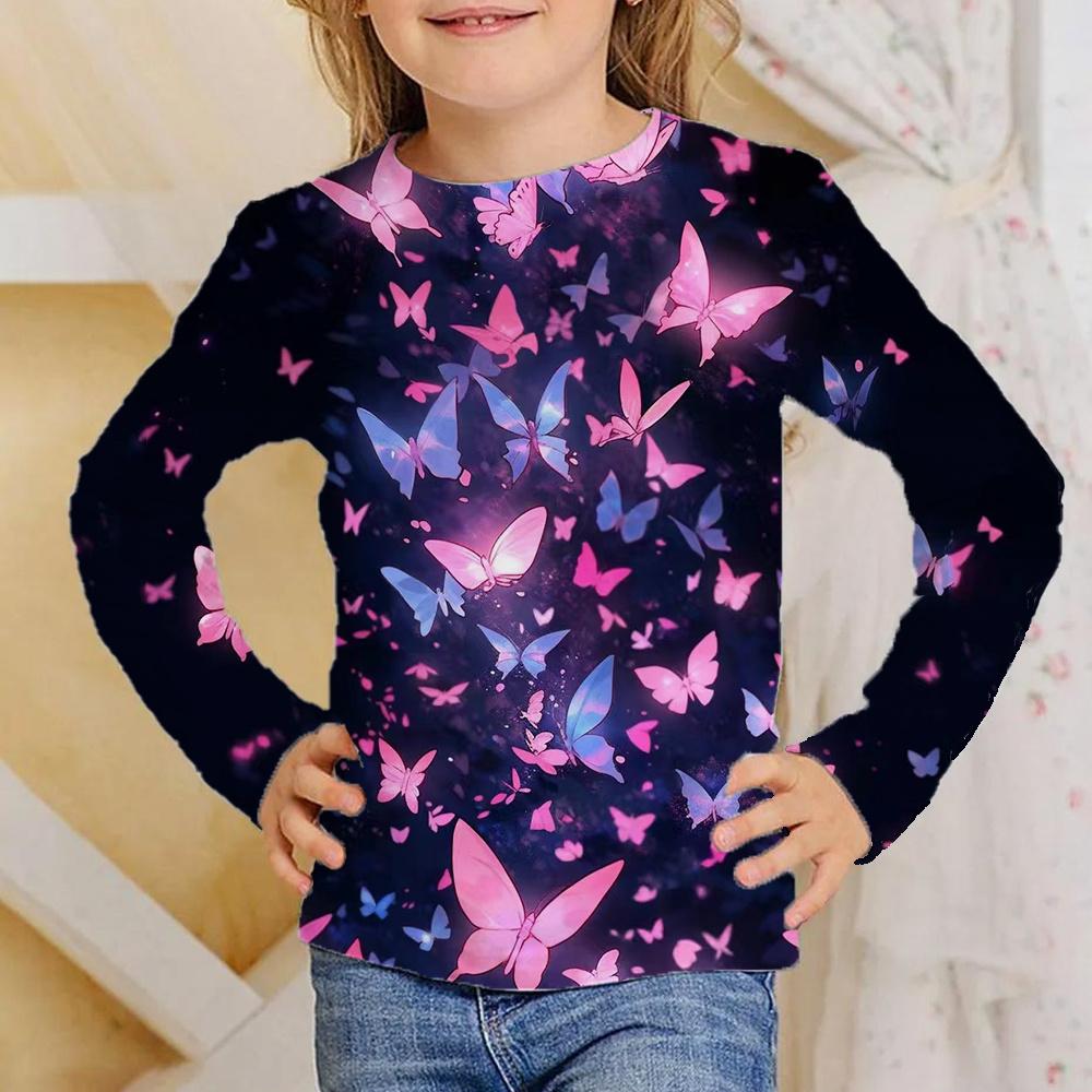 Spring and Autumn Round Neck Butterfly Pattern 3D Printed Top Fashionable Casual Long Sleeved Children's Girl T-shirts