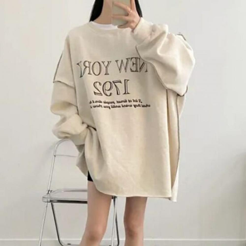 Navava Casual LeTTering Loose FiT Round Neck Long Sleeve T shirT nT2229