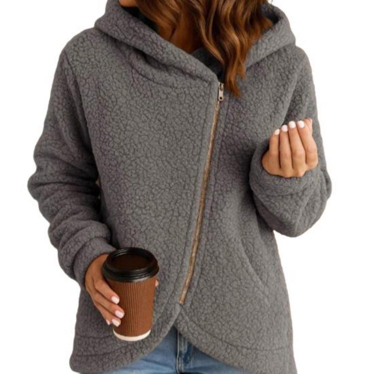 Fuzzy Hooded Sherpa Coat Womens Fleece Jacket Long Sleeve Oblique Zip Up Fall Winter Outerwear With Pockets