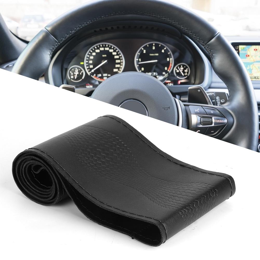 38cm 15in Leather Steering Wheel Cover Embossing Needles&Thread Kit Car Interior Decoration(Black Red )