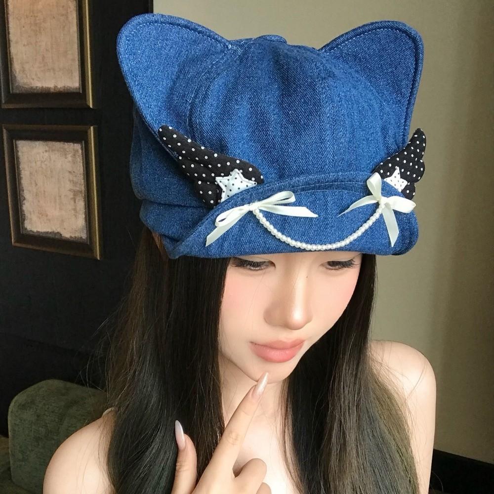 Soft Brim Denim Cat Ear Beret Angel's Wings Octagonal Hat New Denim Sun Caps Y2K