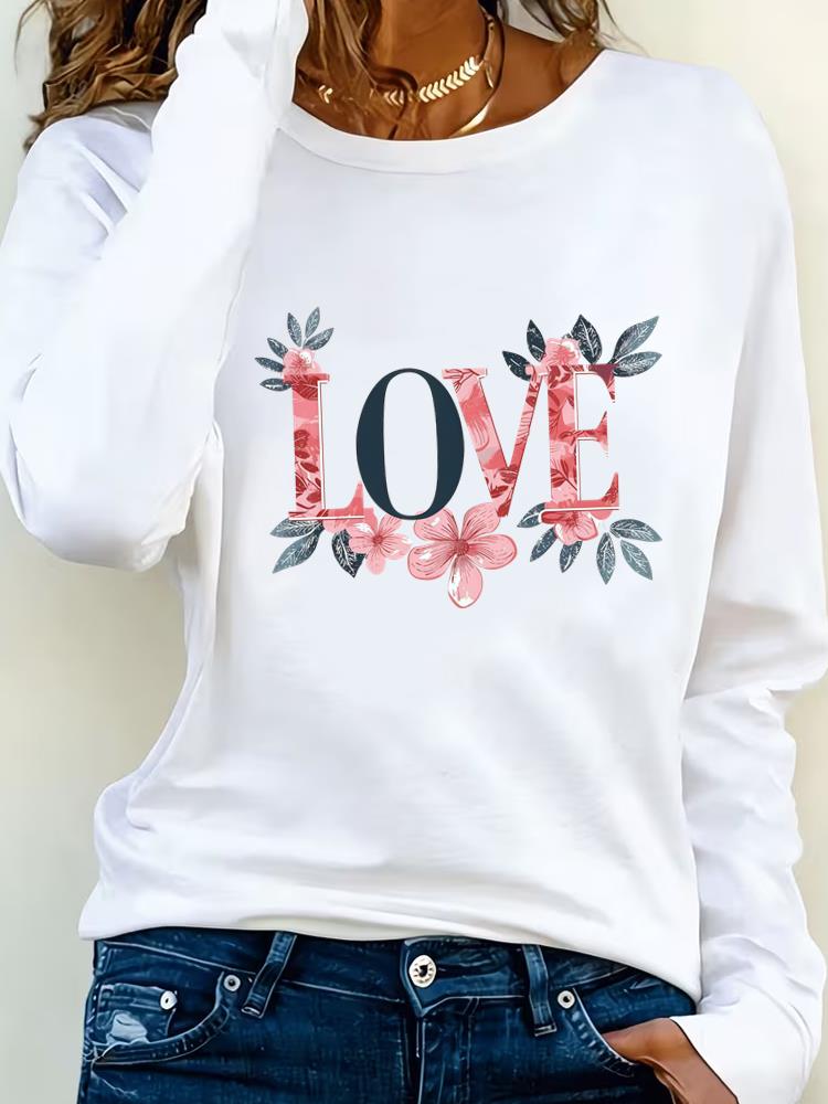 (Asian Size) watercolor flower 90s Clothing Casual  Tee Lady Printed o-neck Long Sleeve T Shirt Women Female Fashion Top Graphic T-shirts