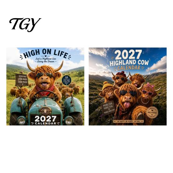 Nástěnný kalendář 2027 s kravami z Highlands Vtipný kalendář, Roztomilé hospodářské zvíře 12měsíční Akademický Skotský Závěsný plánovač pro Rustikální bytový dekor Dárek Milovníci