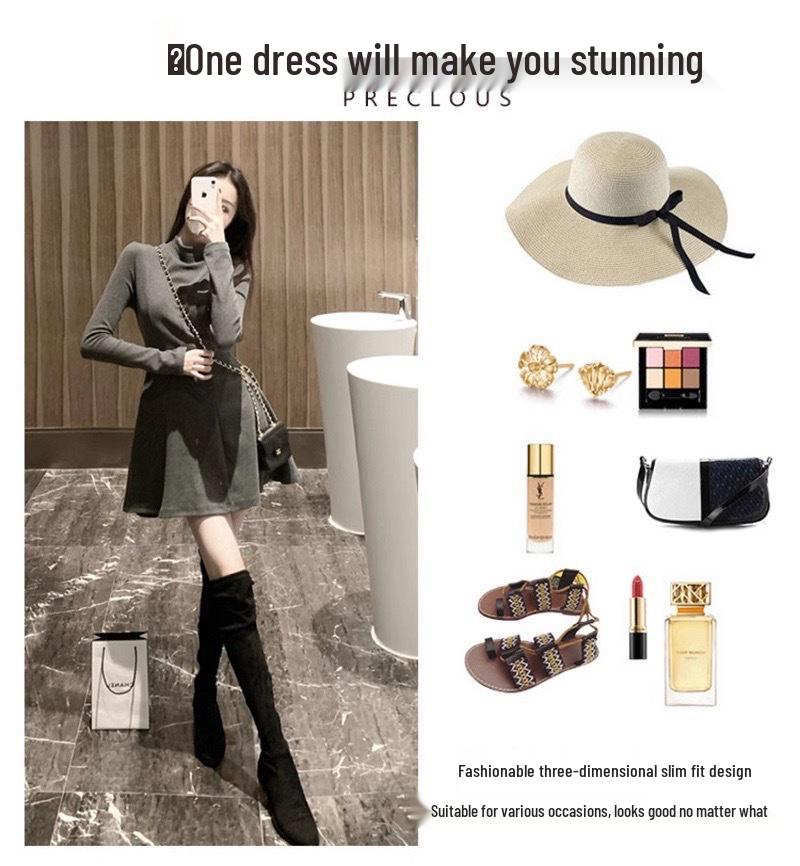 Women's Petite High-Neck Cinched-Waist Thermal Fleece Dress - Slimming A-Line Base Layer
