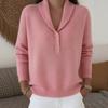 Women Shawl Collar Button Front Knit Sweater Long Sleeve Ribbed Trim Pullover Top