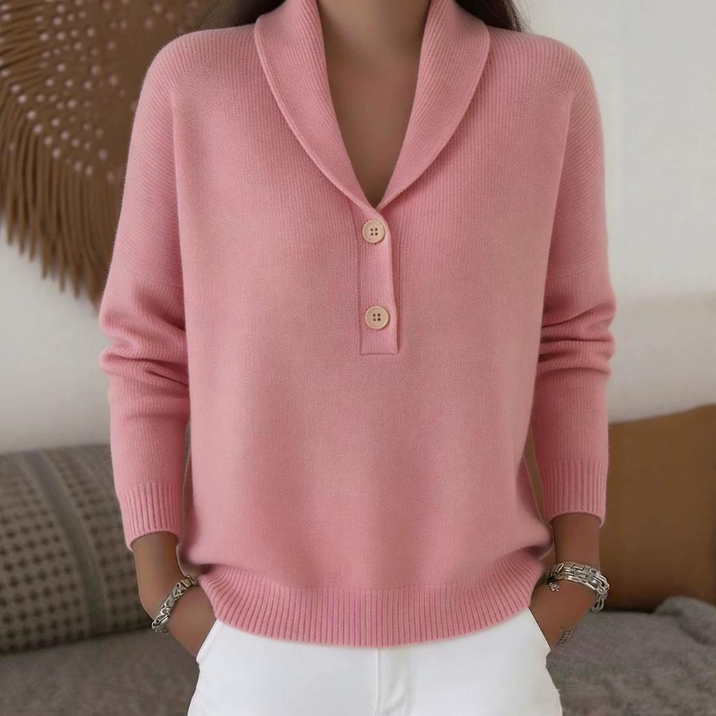 Women Shawl Collar Button Front Knit Sweater Long Sleeve Ribbed Trim Pullover Top