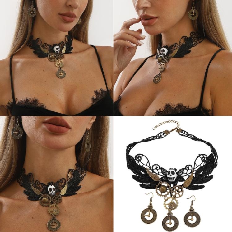 Gotisches Vampir Schmuckset Spitze Choker Halskette Zahnrad Uhr Ohrringe Halloween Piraten Kostüm Zubehör Set für Damen
