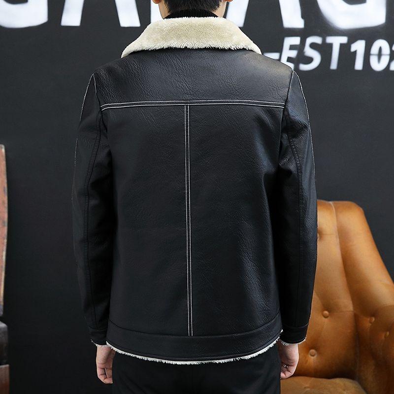 Lederjacke Herren Neu Pelz Einteilig Herren Lässig Revers Retro Motorradjacke Plus Samt Verdickt Lederjacke