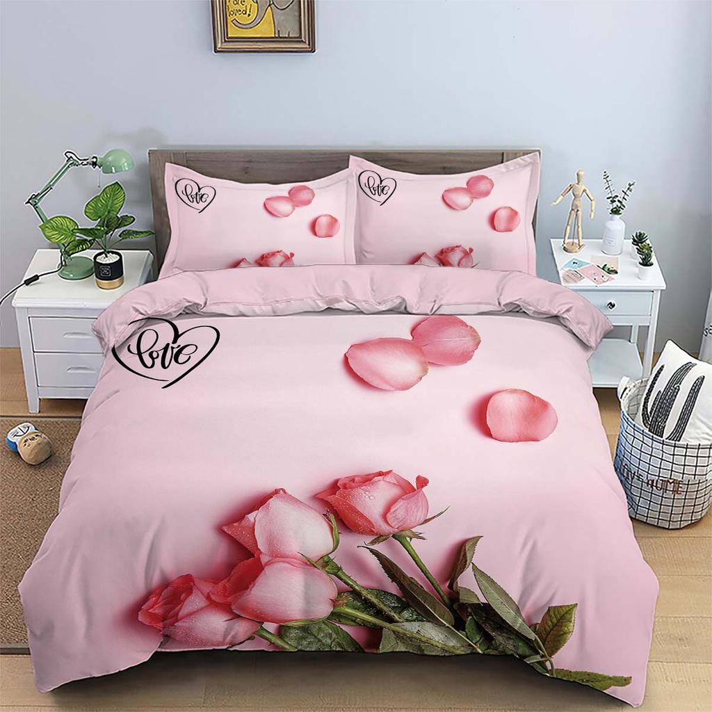 3pcs Pink Bedding Set Rose Flowers 3D Printed Cozy Soft Duvet Cover King Queen Twin Size Birthday Gift for Adult Bedroom Decor