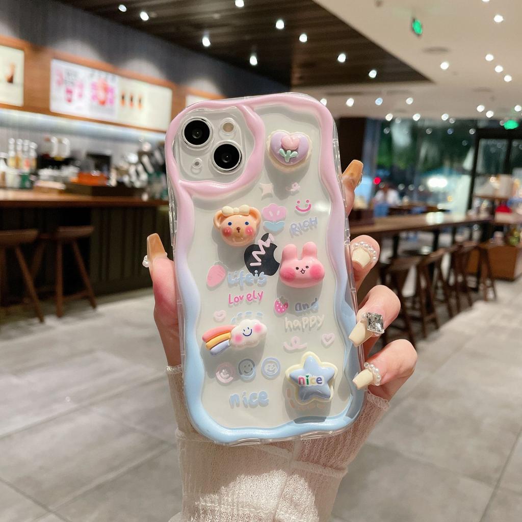 Three Dimensional Waves Suitable for IPhone15 Cute Little Bear Rabbit Cartoon Mobile Phone Case Apple XSMAX 16 Protection Case