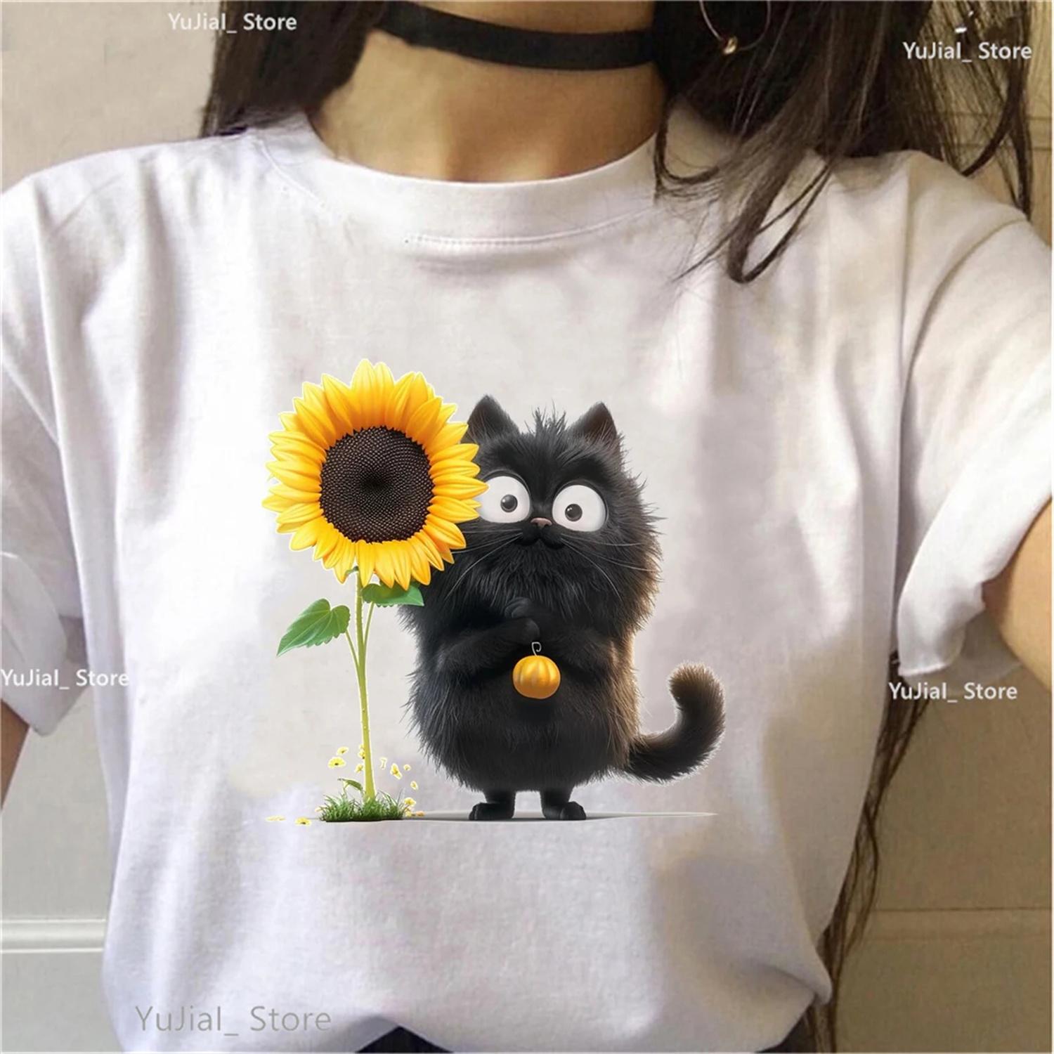 

Black Cat Loves Sunflower Animal Printed T Shirt Women Kawaii Funny Casual T-Shirt Girls Summer White Pink Grey Tshirt Female XXXXXL білий