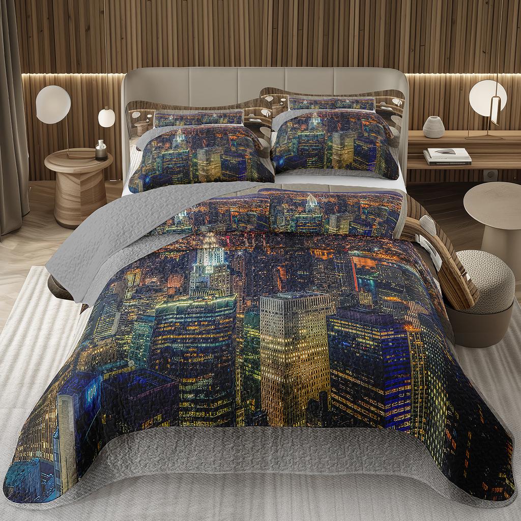 City Landscape Quilted Bedspread Set Cityscape Artwork Queen Bedding Set Colorful River Business District Coverlet For Girls Man