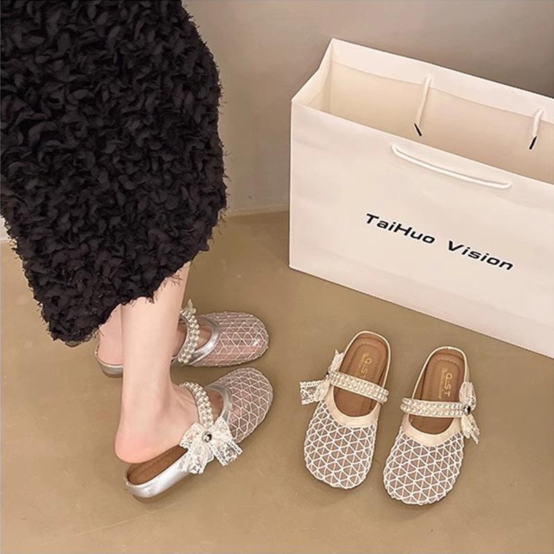 French Flat-bottomed Bag Head Half Slippers Women's Summer Wear 2025 New One-pedal Fairy Wind Mesh Single Shoes Cool Slippers
