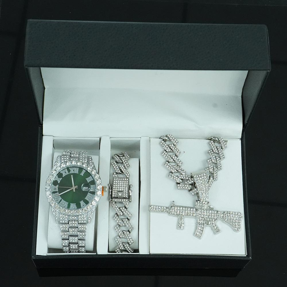 Hip Hop Persönlichkeit Pistolenanhänger Kubanische Kette Halskette Armband Uhr Set Modisches und Vielseitiges Herrenschmuck Geschenkbox Set