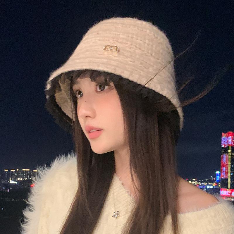 Lace thickened Fisherman's Hat for Autumn and Winter Hat for Women's Casual Big Head Surround Windproof Korean Versatile Warm Hat