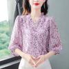 M-4XL Three-quarter Sleeve Chiffon Shirt Women Spring/Summer Elegant V-Neck Floral Print Blouse Fashion Top