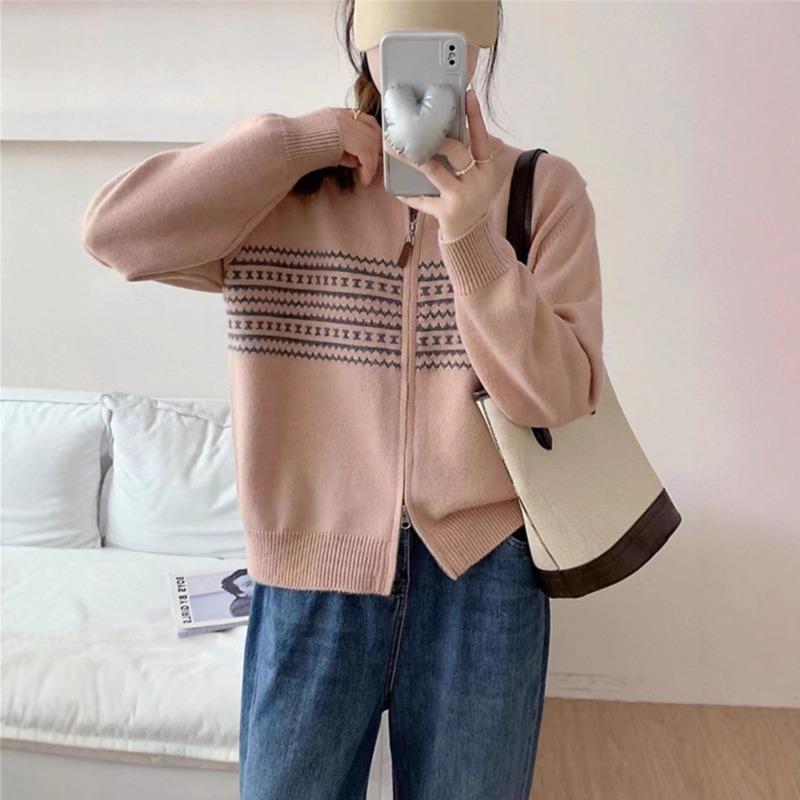 Autumn and Winter New Retro Zipper Loose Knitted Cardigan Top Lazy Style Casual Sweater Jacket Women
