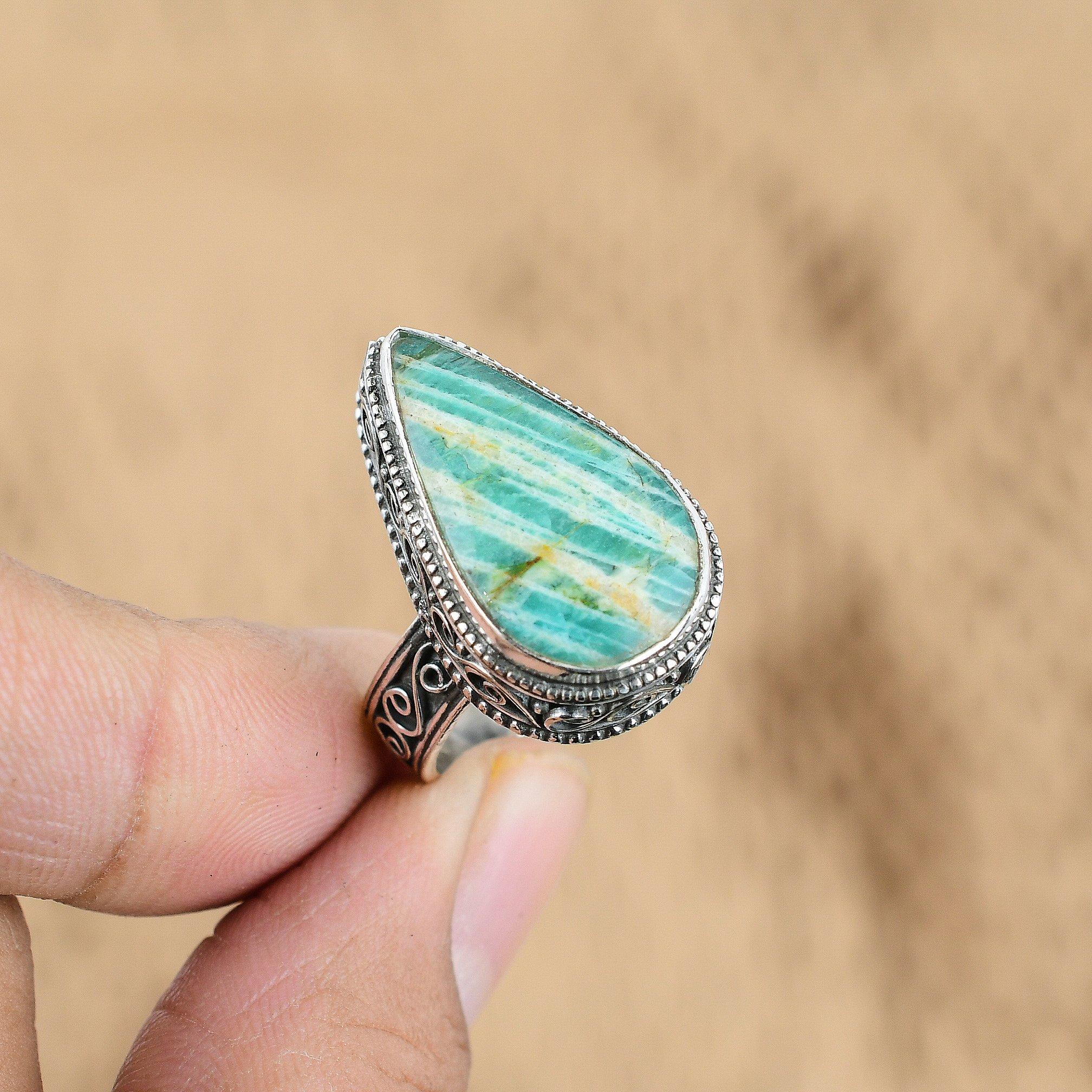 

Natural Amazonite Gemstone Multi Stone Ring Size 8.25 925 Silver For Girls No