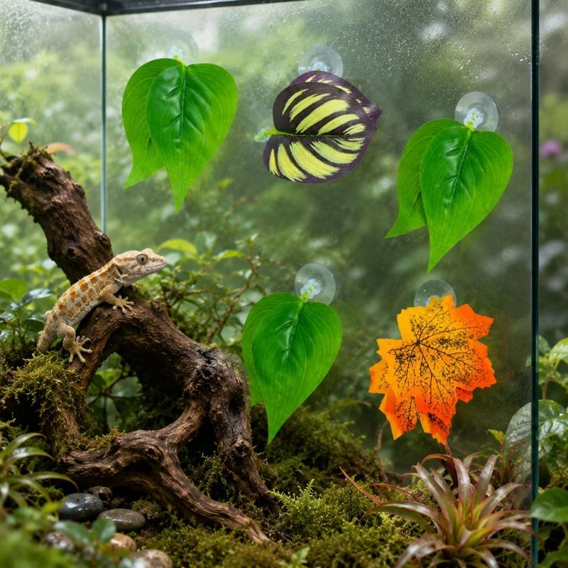 Reptiles Clear Suction Cup Artificial Plant Accent, Colorful Plastic Habitat Display Accessory for Enclosure Styling Use