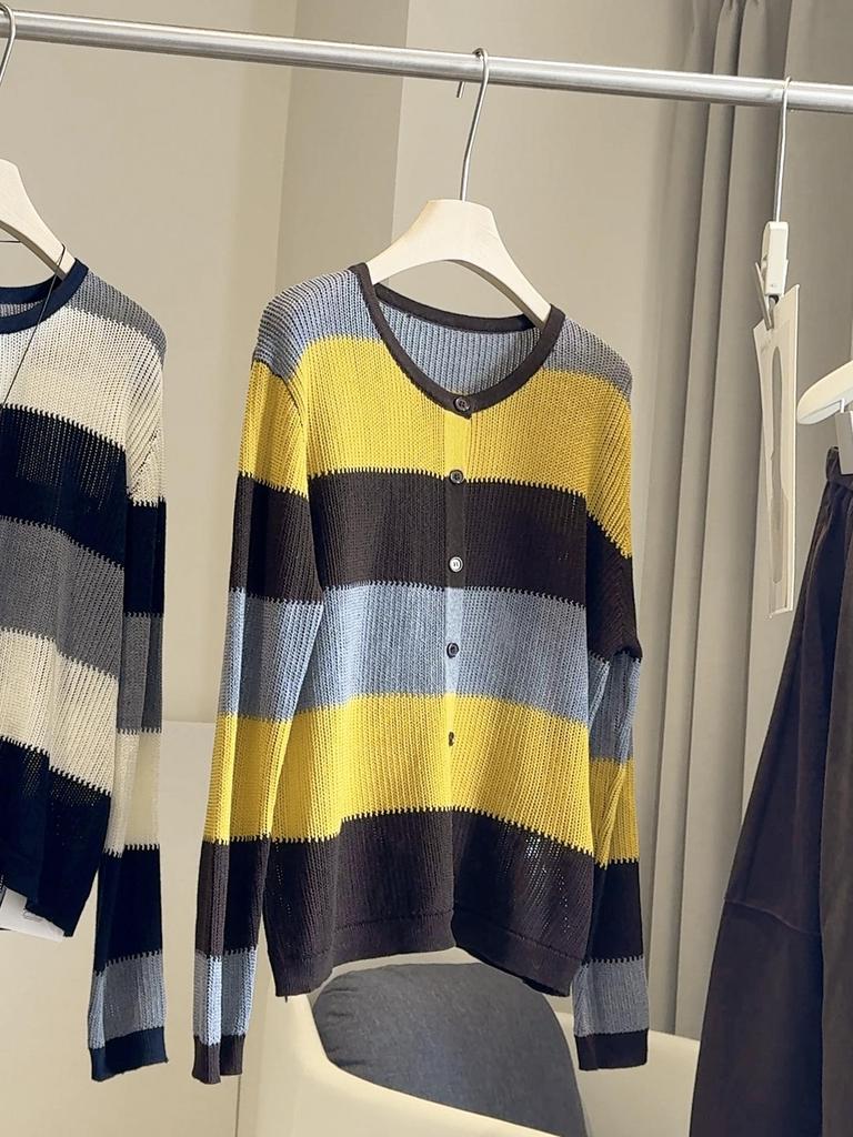 Women's Retro Hong Kong Color Block Striped Sweater: Cozy Autumn/Winter Knitted Cardigan